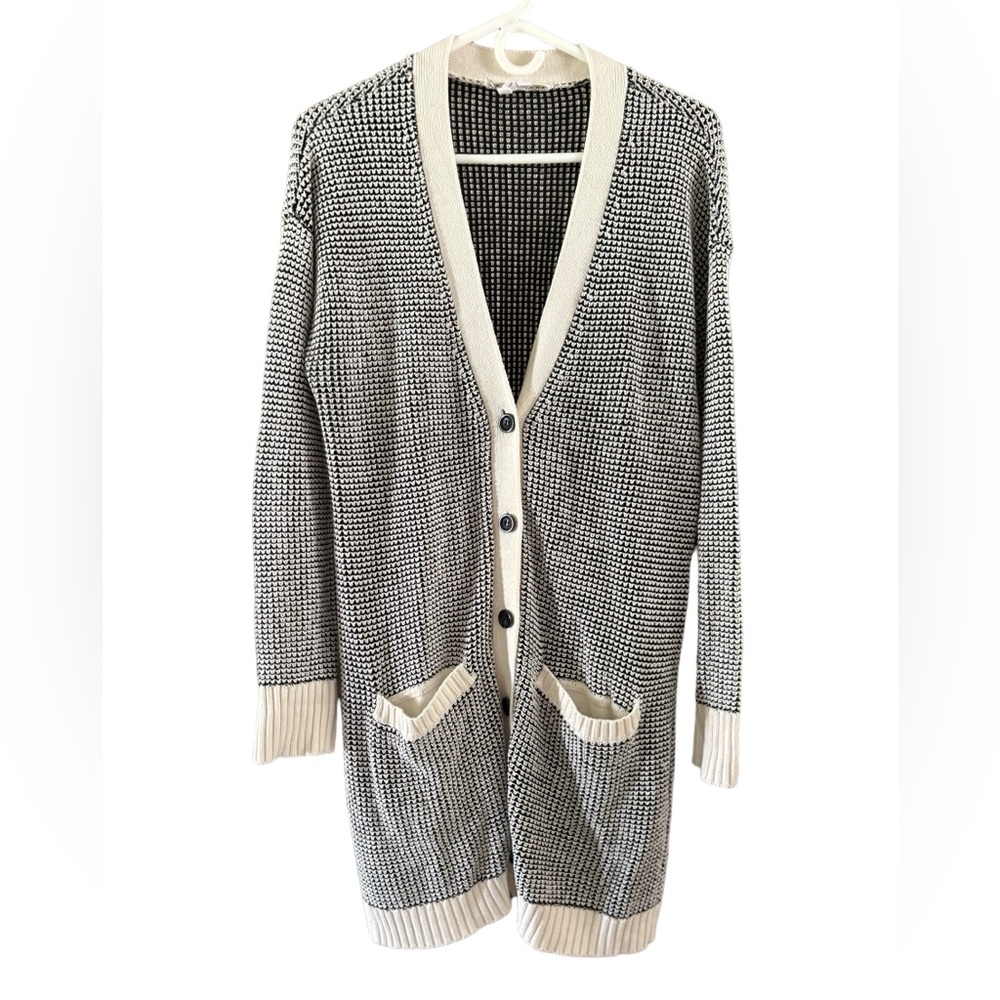 BCBGeneration Black Cream Herringbone V-neck Long Cardigan Women Size M/L